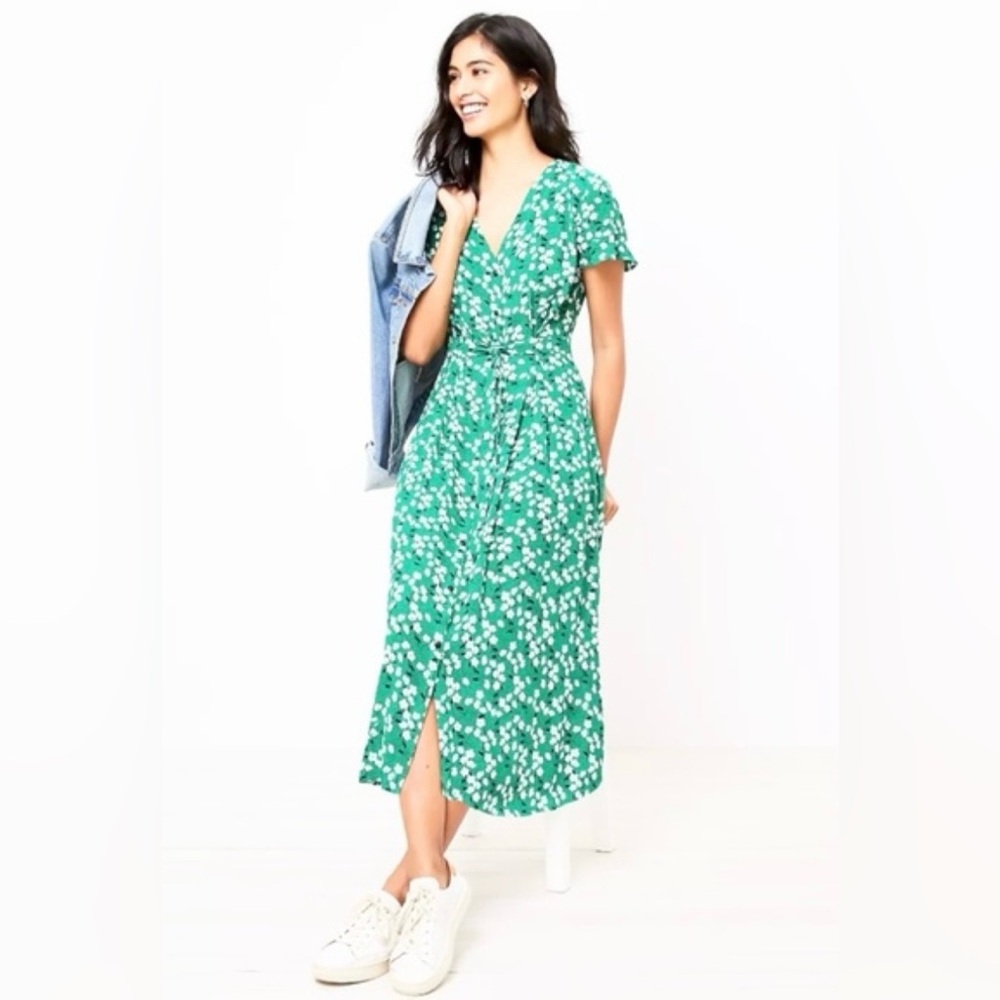 LOFT Green Floral Print Button Down Flutter Sleeve Midi Dress